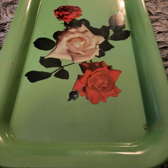4~VTG Mid Century Modern Metal Serving Tray Teal Green Roses 14" x 9" MCM - Picture 3 of 6